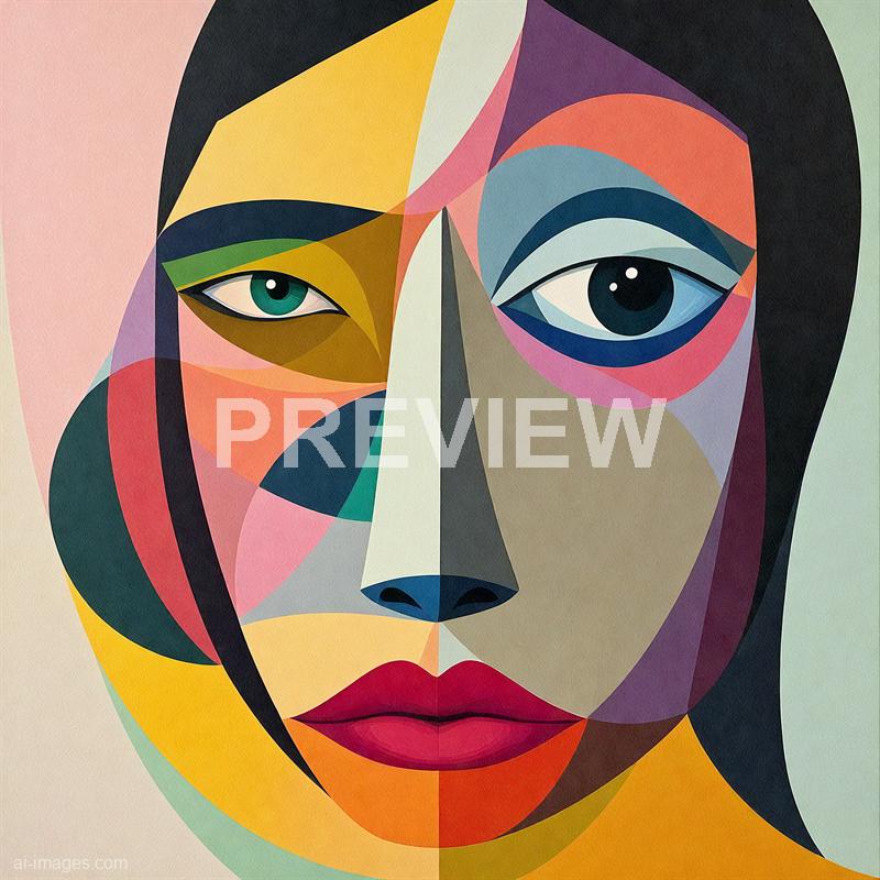 The image features a stylized, abstract portrait of a woman’s face created with bold, colorful geometric shapes. The face is divided asymmetrically, with one eye appearing more open and larger than the other, and vibrant hues such as pink, yellow, blue, green, and purple forming the facial features and hair. The lips are painted in a striking red, and the background is a soft, neutral tone that contrasts with the vivid colors of the face.
